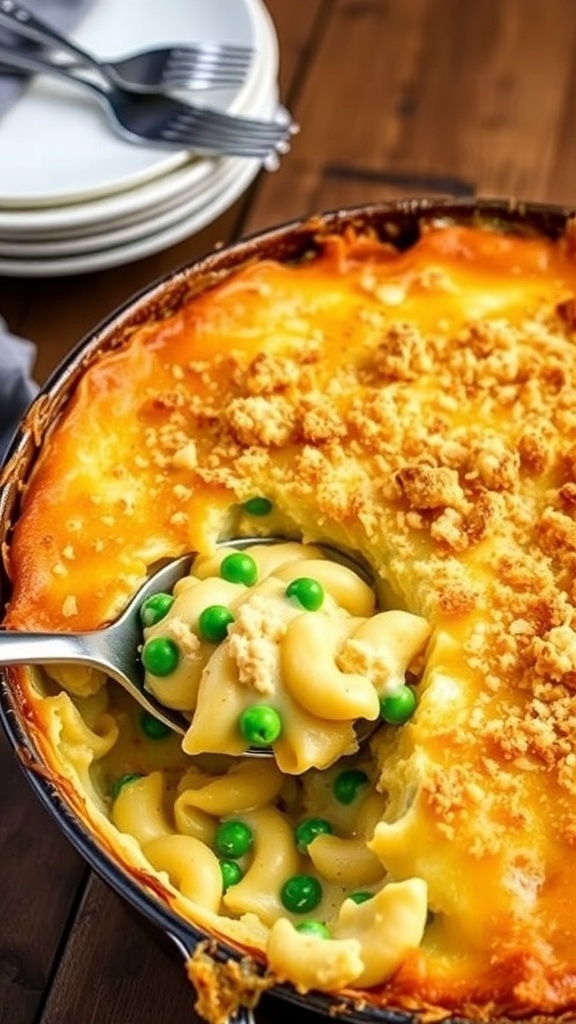 A hearty tuna casserole with a golden cheese topping and pasta, served in a rustic dish.
